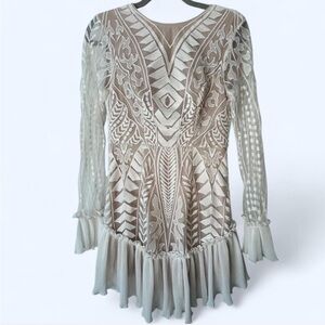 Selfie Leslie Tan and Cream Lace  Mini Dress (Broken Zip)